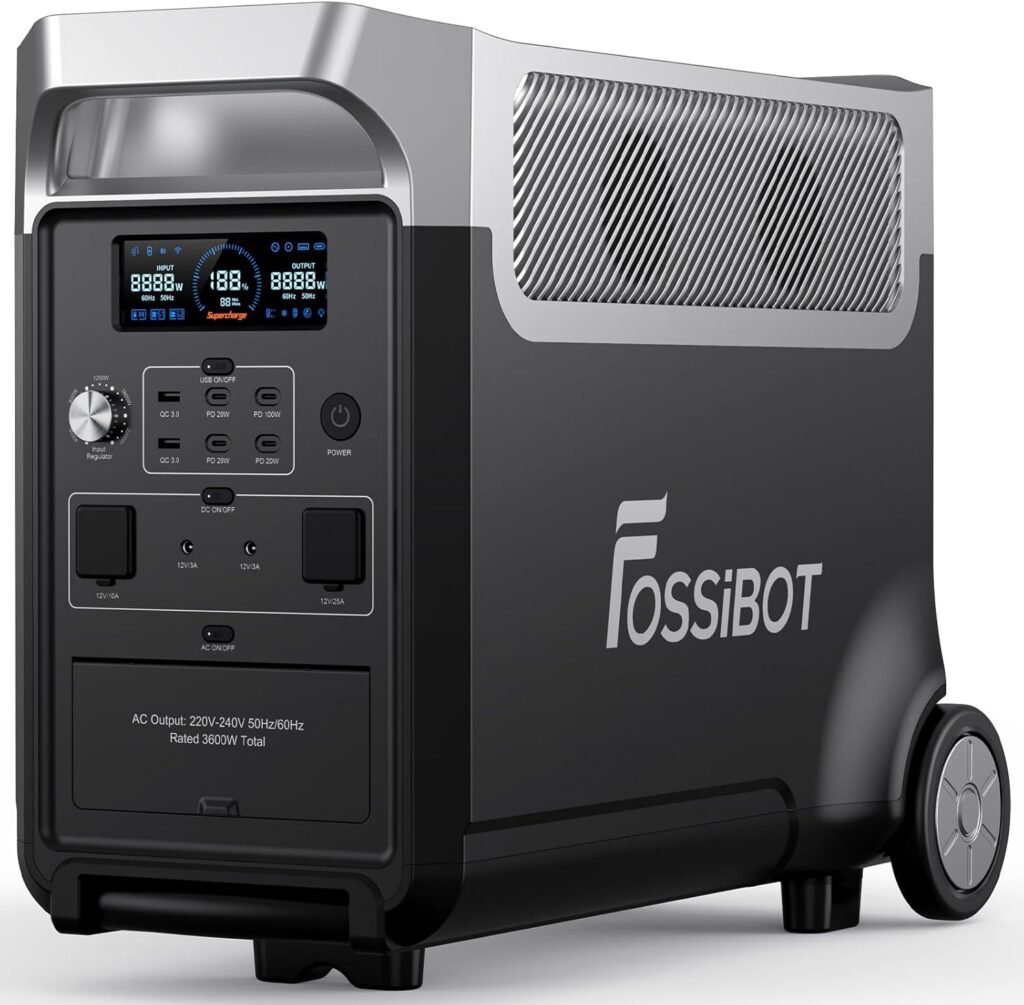 EcoFlow vs Pecron vs FOSSiBOT: La Verità sui Migliori Generatori Solari da 3600W Generatore solare portatile FOSSiBOT F3600 Pro con display digitale, multiple porte di ricarica e potenza nominale di 3600W. Design compatto con ruote per facile trasporto e sistema di raffreddamento integrato.