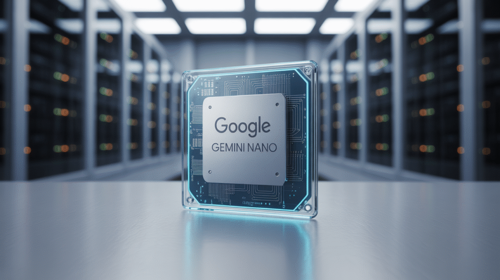Fine delle Truffe Online? Ecco Come Google Gemini Nano Cambia le Regole del Gioco in Chrome e Android Processore Google Gemini Nano con design trasparente posizionato in un ambiente di data center, che rappresenta la combinazione di elaborazione locale e connessione all'infrastruttura cloud