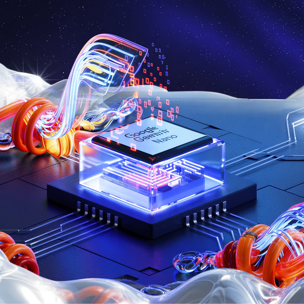 Fine delle Truffe Online? Ecco Come Google Gemini Nano Cambia le Regole del Gioco in Chrome e Android Visualizzazione artistica del chip Google Gemini Nano che processa flussi di dati rappresentati come fasci luminosi colorati, simboleggiando la protezione in tempo reale contro minacce digitali.