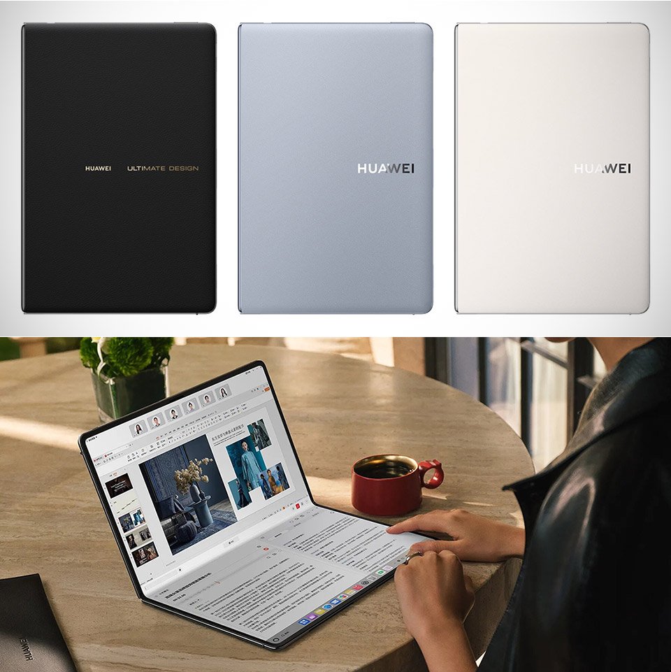 Huawei MateBook Fold nelle tre colorazioni disponibili e in uso su scrivania con tastiera virtuale e tazza di caffè, mostrando la sua versatilità in ambiente di lavoro.