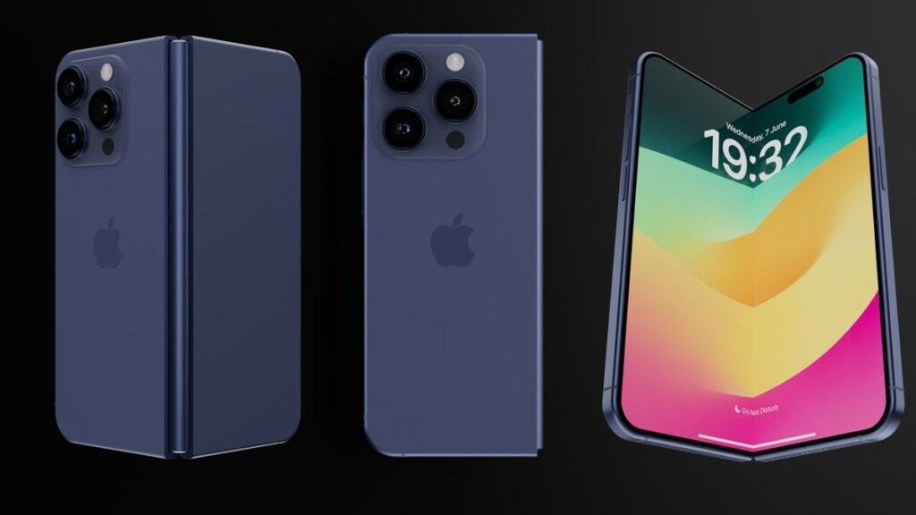 iPhone Pieghevole: Il Futuro della Mobilità Intelligente Concept artistico di un possibile iPhone pieghevole in colorazione blu navy, che dimostra la trasformazione da smartphone standard a dispositivo con display flessibile. La sequenza delle tre diverse posizioni (chiuso, semi-aperto e aperto) illustra la funzionalità della cerniera e l'elegante design minimalista tipico di Apple.