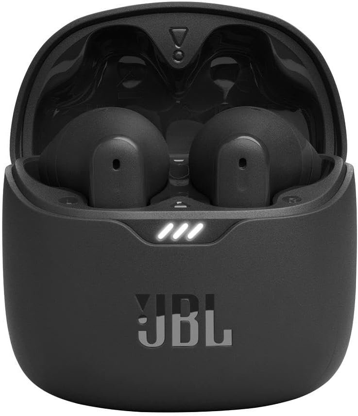 Auricolari JBL Tune Flex neri nella custodia di ricarica aperta con indicatori LED visibili e logo JBL nella parte inferiore.
