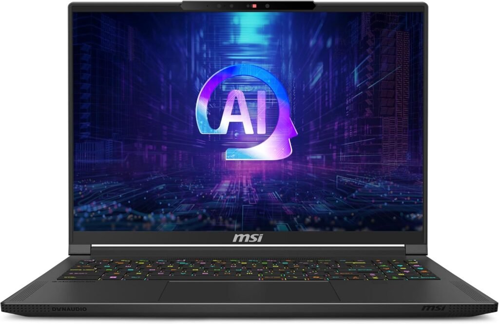 Dispositivo MSI Stealth A16 AI direttamente da davanti. Il display OLED mette in risalto la scritta “AI” con un effetto visivo immersivo.