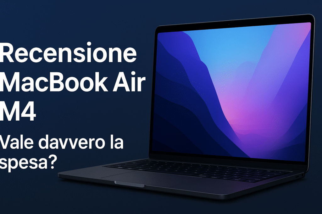 Recensione Del MacBook Air M4: Il Portatile Perfetto per il 2025 MacBook Air M4. Sulla destra è visibile un elegante MacBook Air con scocca scura, aperto e orientato leggermente verso sinistra, con lo schermo acceso che mostra un wallpaper astratto nei toni del blu, viola e rosa. A sinistra, su sfondo sfumato dal blu notte all’azzurro, appare il testo in bianco ben leggibile: "Recensione MacBook Air M4" in grande e sotto, più piccolo, "Vale davvero la spesa?". Il design è pulito, moderno e professionale, perfetto per attirare lettori tech interessati all’acquisto.