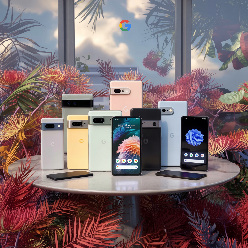 Diversi modelli Google Pixel disposti su un tavolo rotondo bianco, incorniciati da spettacolari fiori pin cushion rossi e arancioni. Attraverso le ampie finestre si intravede il logo Google che fluttua su un cielo azzurro, mentre le fronde di palma creano un'atmosfera tropicale che esalta le colorazioni pastello dei dispositivi.