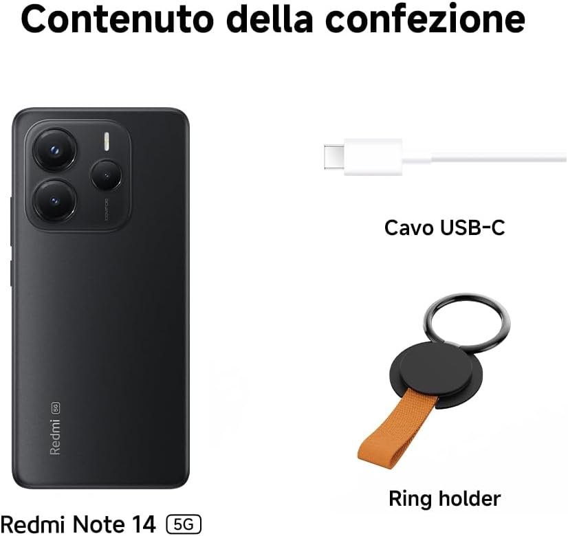 la confezione del Redmi Note 14 5G, che include lo smartphone nella colorazione nera, un cavo USB-C per la ricarica e un accessorio "ring holder" con dettaglio arancione.