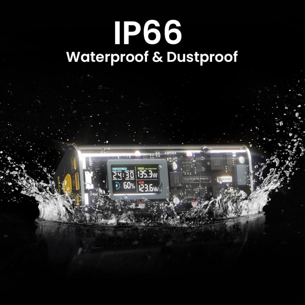 SHARGEEK 170 con certificazione IP66 circondato da schizzi d'acqua, dimostrando la sua resistenza completa a polvere e protezione contro potenti getti d'acqua.