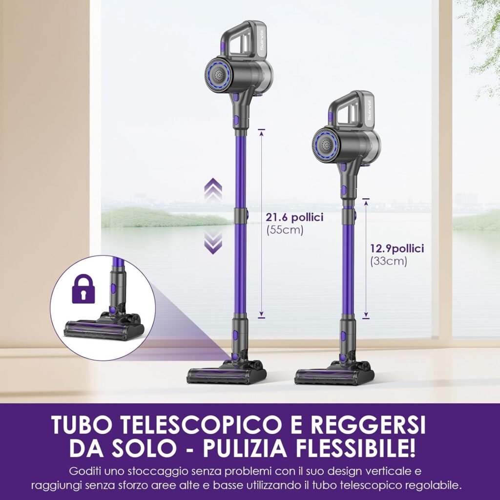 Un elettrodomestico versatile che si adatta alle tue esigenze. Il tubo telescopico regolabile permette di passare rapidamente dalla pulizia di pavimenti alla rimozione di ragnatele dal soffitto, mentre la funzione autoportante offre praticità durante le pause.