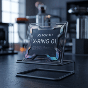 Processore Xiaomi XRING 01 in custodia trasparente su supporto espositivo nero, design futuristico con nome in evidenza in ambiente tech professionale.