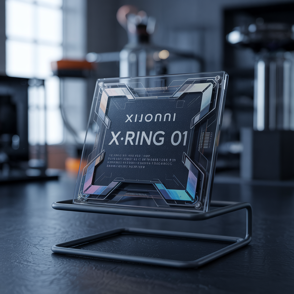 Xiaomi XRING 01: il primo processore che cambia le regole del gioco Processore Xiaomi XRING 01 in custodia trasparente su supporto espositivo nero, design futuristico con nome in evidenza in ambiente tech professionale.
