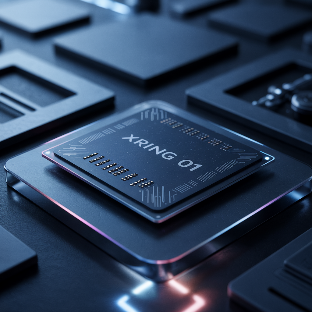 Close-up del chip XRING 01 di Xiaomi montato su scheda base con illuminazione perimetrale rosa, dettagli circuitali precisi e branding minimalista al centro.