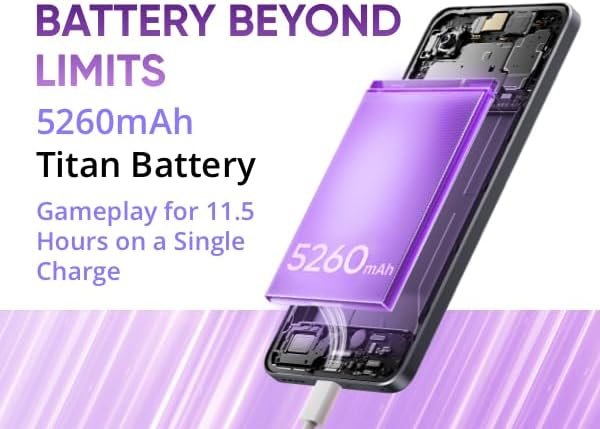 Realme 14T 5G: Recensione Completa e Obiettiva batteria Titan da 5260mAh, evidenziando la possibilità di giocare fino a 11,5 ore con una singola carica. L'effetto visivo del pacco batteria trasparente trasmette potenza e innovazione tecnologica.