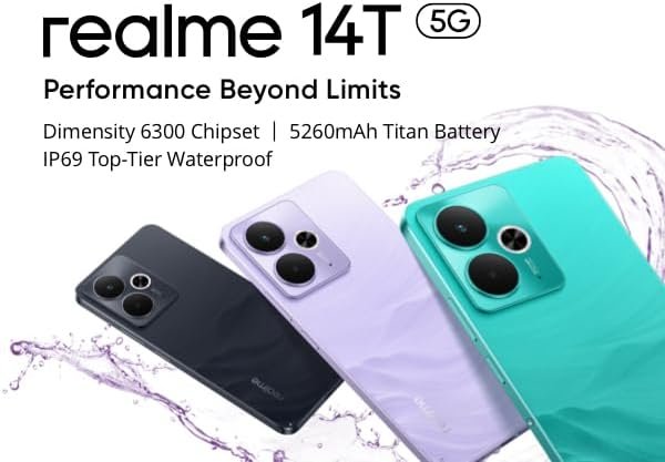 Realme 14 5G vs Realme 14T: quale scegliere davvero nel 2025? tre varianti di colore del realme 14T 5G (viola, nero e verde acqua), con il claim “Performance Beyond Limits”. Vengono ribadite le specifiche principali: chipset Dimensity 6300, batteria Titan da 5260mAh, certificazione IP69.